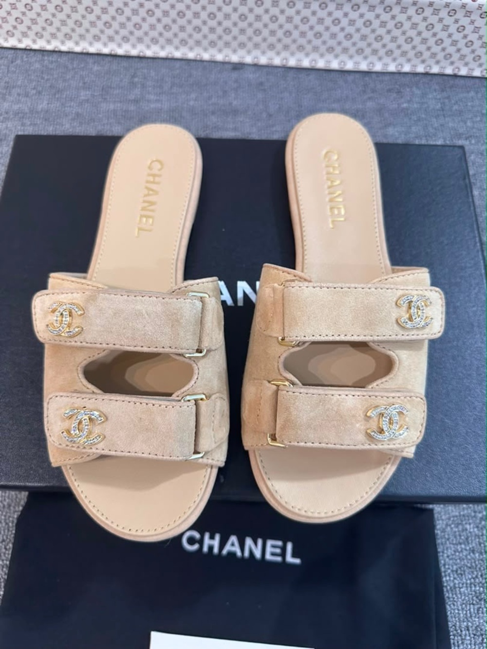 Tan Suede Double-Strap Slide Sandals with Gold CC